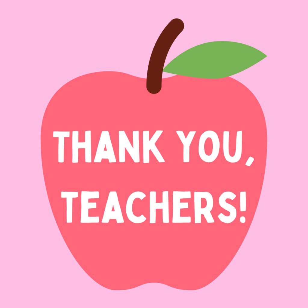 Red apple with white text: Thank you, teachers!