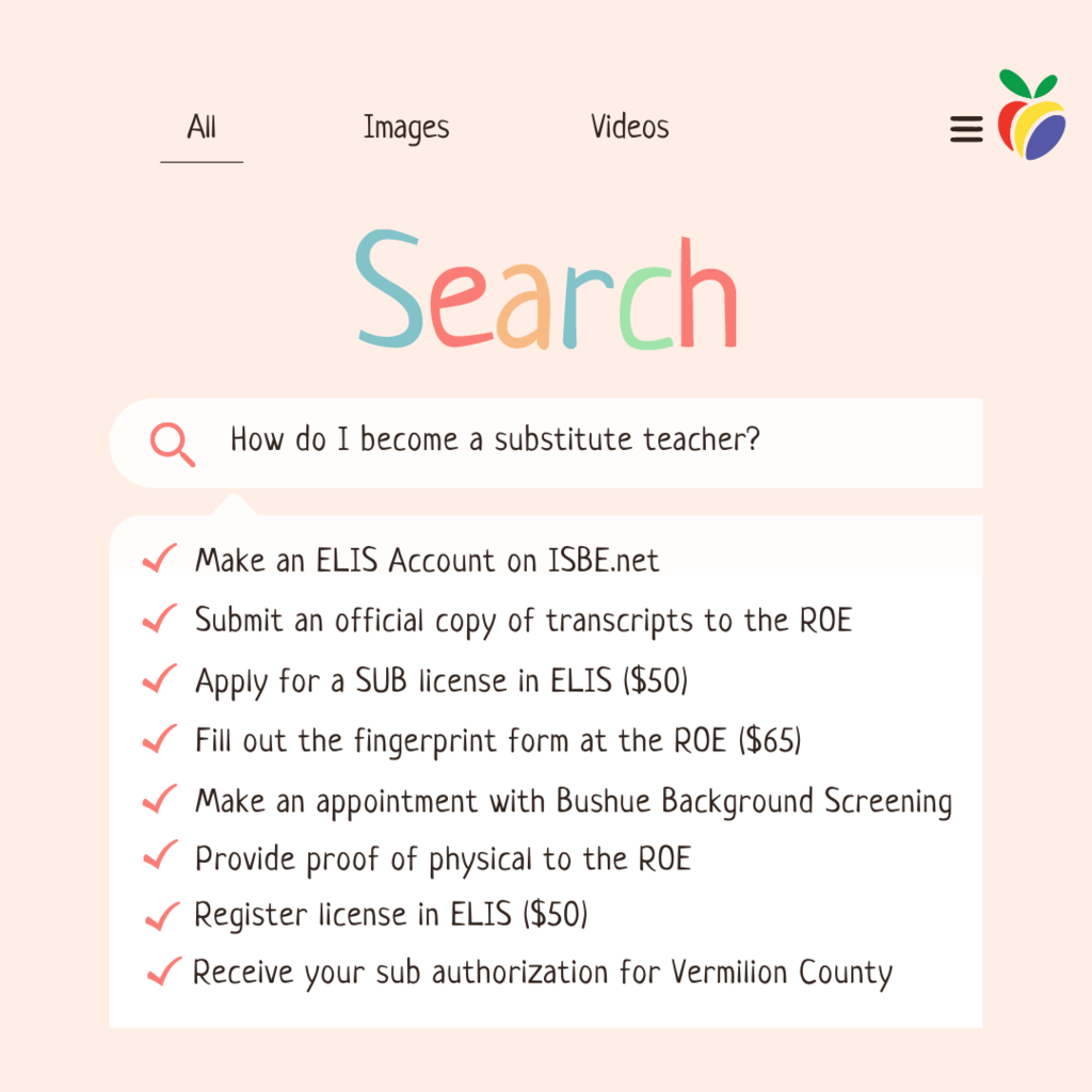 Background: Search bar. Text: How do I become a substitute teacher? Make an ELIS Account on ISBE.net  Submit an official copy of transcripts to the ROE.  Apply for a SUB license in ELIS ($50). Fill out the fingerprint form at the ROE ($65). Make an appointment with Bushue Background Screening.  Provide proof of physical to the ROE. Register license in ELIS ($50).  Receive your sub authorization for Vermilion County