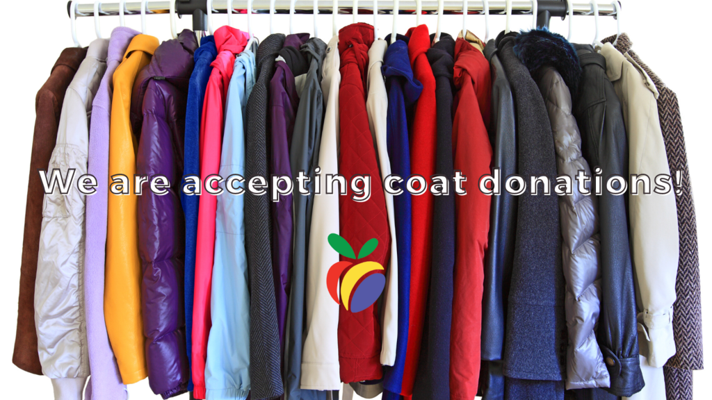 We are accepting coat donations! Image of coats on a rack. ROE apple logo