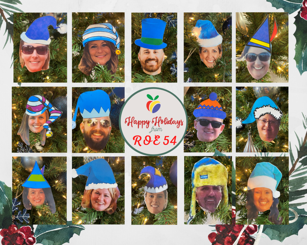 Happy Holidays from ROE 54 with photo collage of ROE employees in different hates. Heidi Allen, Micki Bush, Aaron Hird, Courtney Dudley, Jeri Callaway, Leslie Ellis, Kaleb Wachala, Camron Owens, Jerri Waller, Melinda Meithe, Tricia Keith, Emily Brodko, Barry Hall, and Jamie Johnson