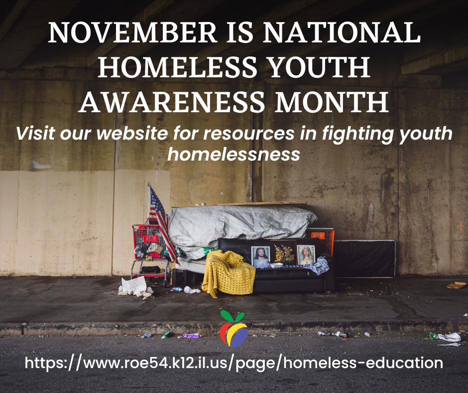 November is national homeless youth awareness month.  Visit our website for resources in fighting youth homelessness.  https://www.roe54.k12.il.us/page/homeless-education.  