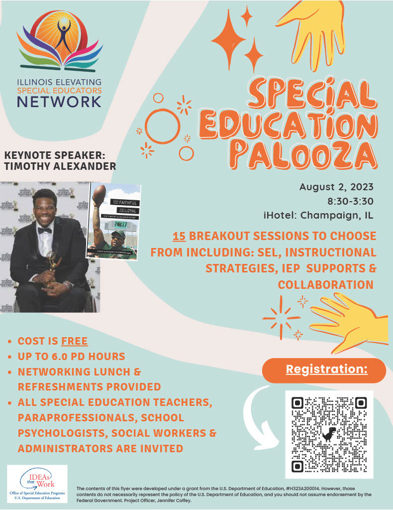 special education palooza august 2, 2023 at the ihotel in champaign from 8:30-3:30.  Cost is free, and lunch is provided.